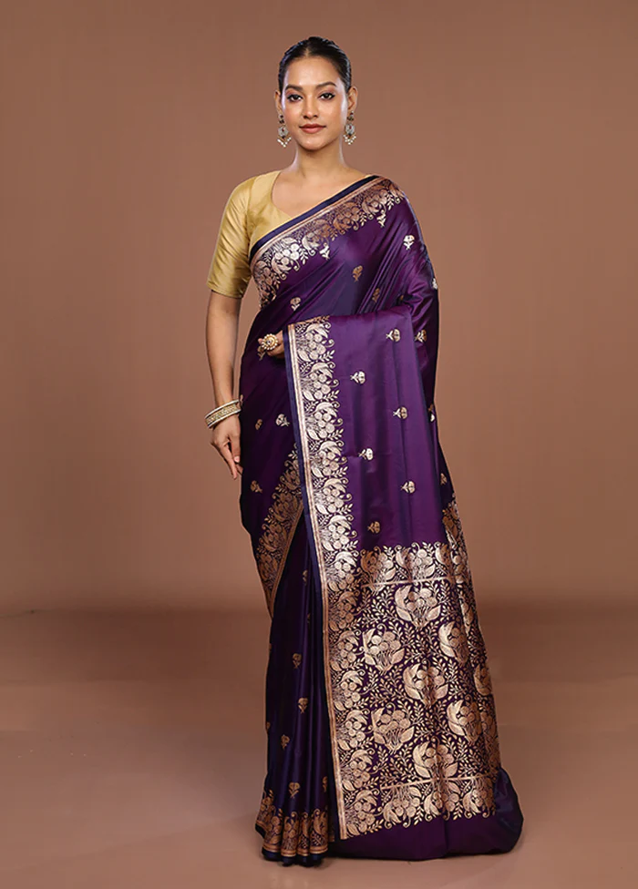 Purple Banarasi Silk Saree With Blouse Piece - Image 2