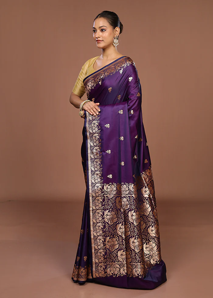 Purple Banarasi Silk Saree With Blouse Piece - Image 4