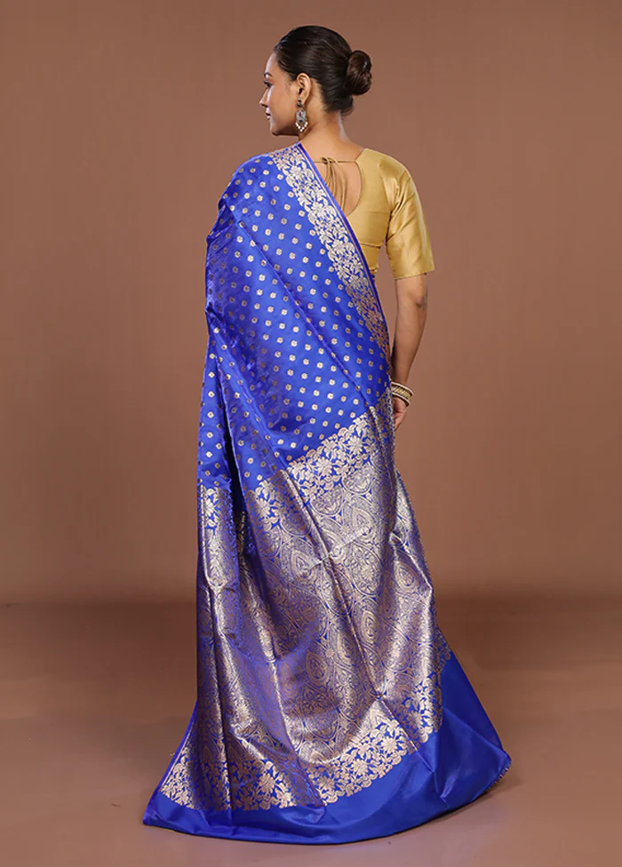Blue Banarasi Silk Saree With Blouse Piece - Image 3