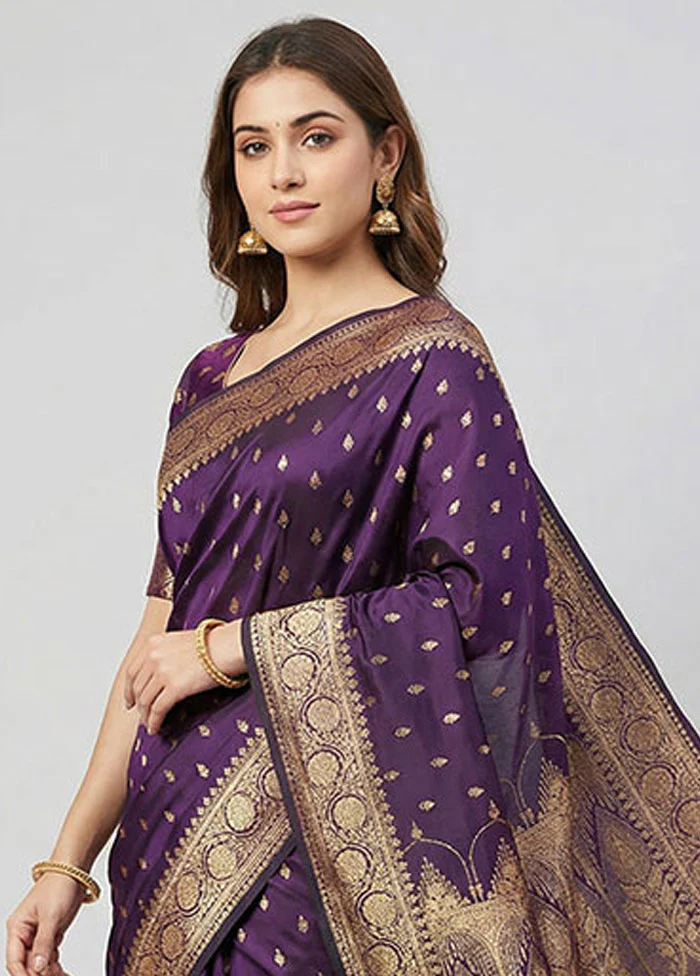 Purple Banarasi Silk Saree With Blouse Piece - Image 2