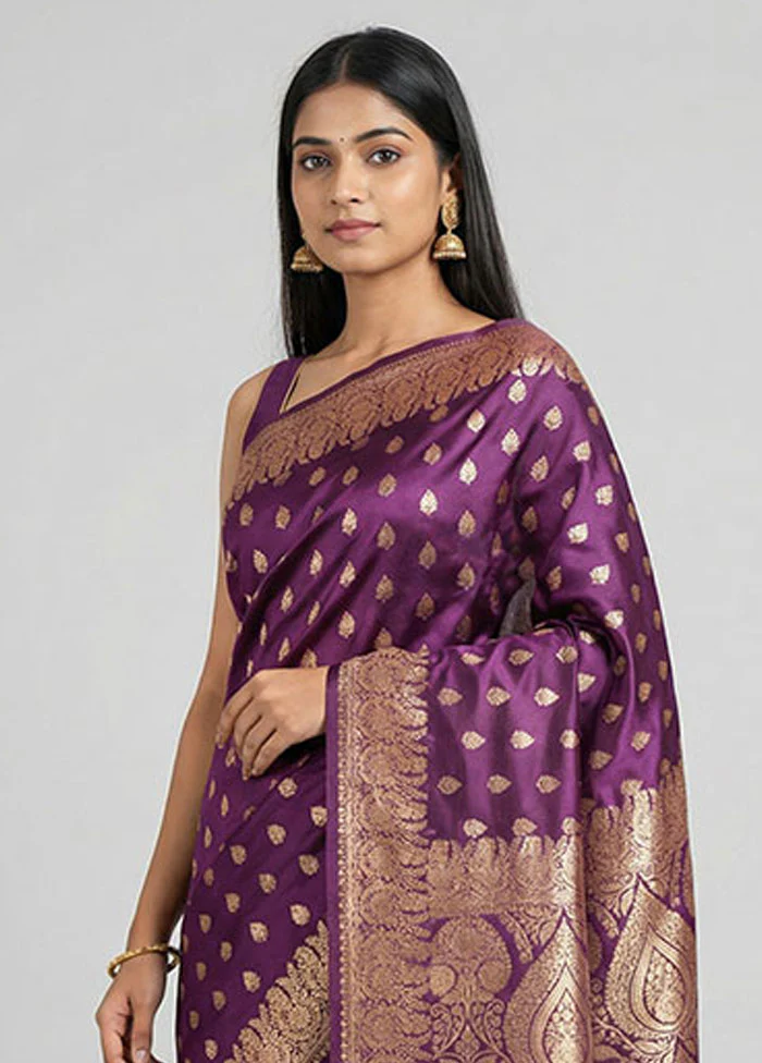 Purple Banarasi Silk Saree With Blouse Piece - Image 2