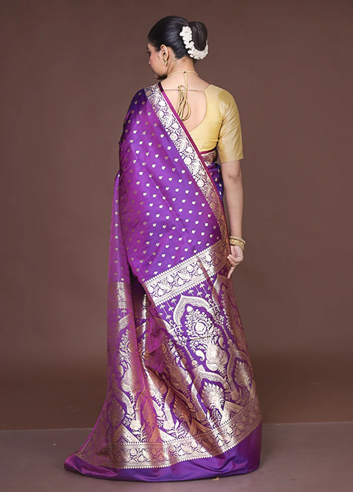 Purple Banarasi Silk Saree With Blouse Piece - Image 3