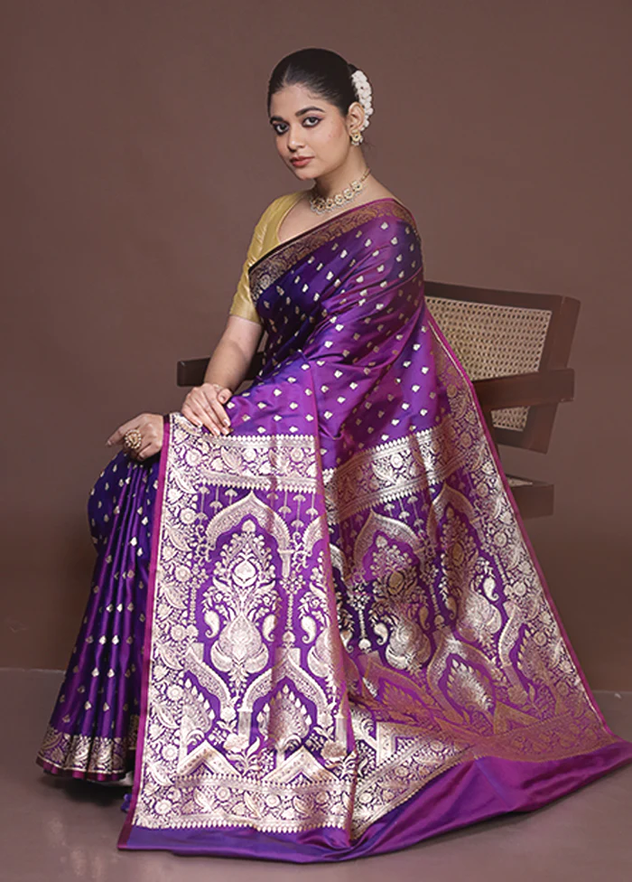 Purple Banarasi Silk Saree With Blouse Piece - Image 4