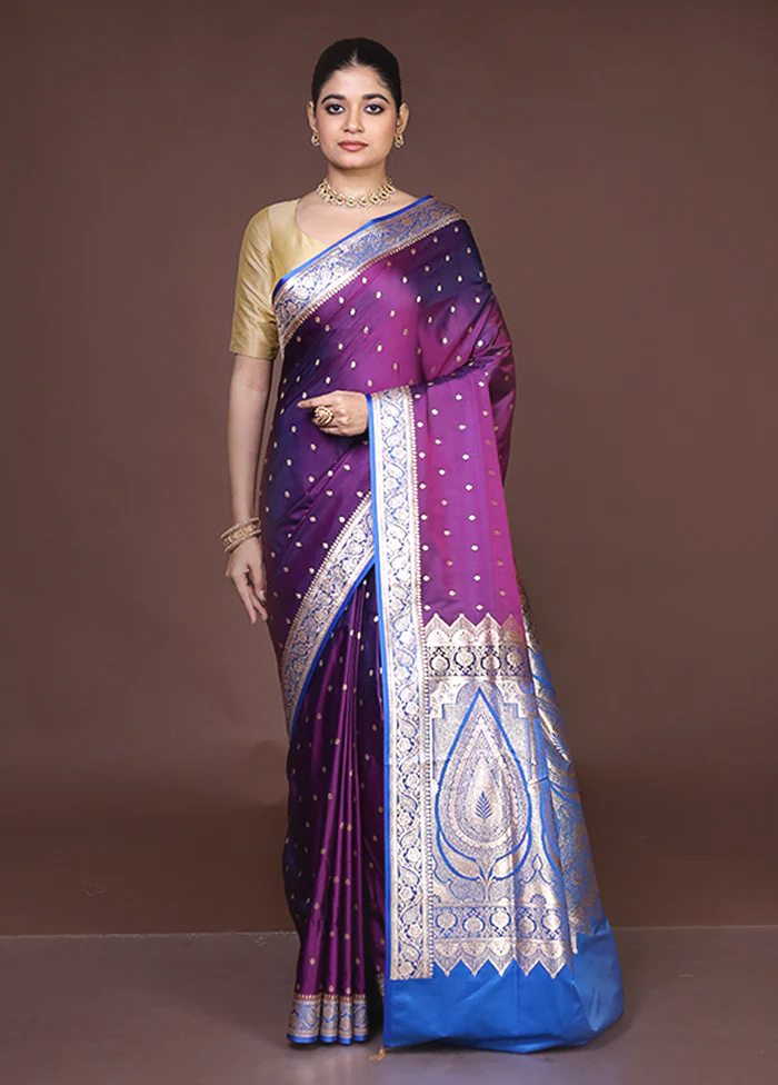 Purple Banarasi Silk Saree With Blouse Piece - Image 2
