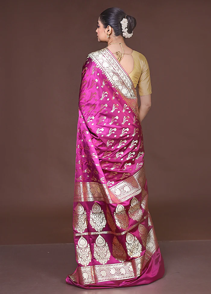 Pink Banarasi Silk Saree With Blouse Piece - Image 3