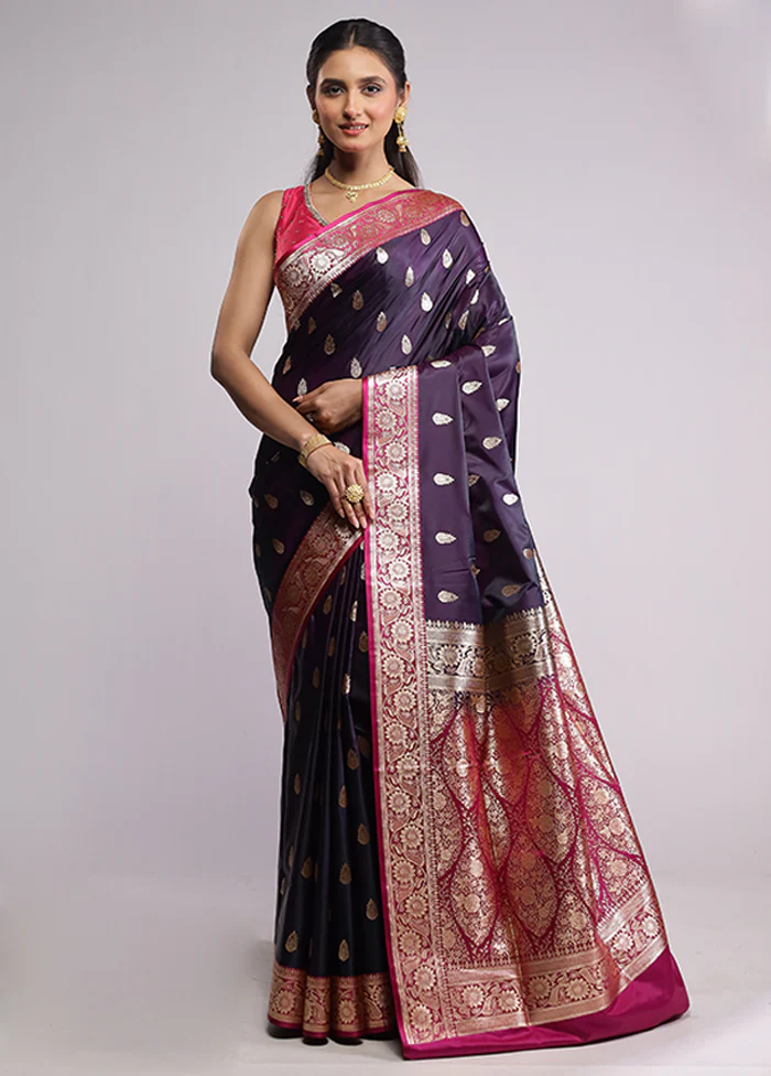 Purple Banarasi Silk Saree With Blouse Piece - Image 2