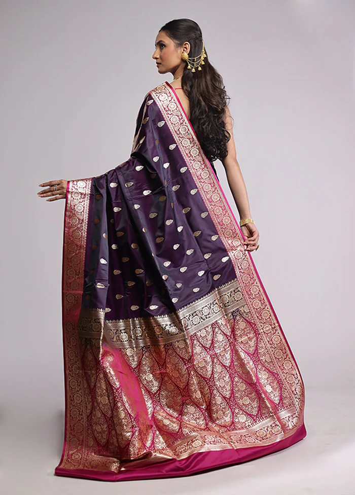 Purple Banarasi Silk Saree With Blouse Piece - Image 3