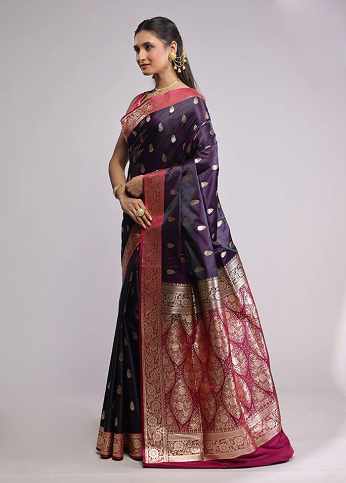 Purple Banarasi Silk Saree With Blouse Piece - Image 4