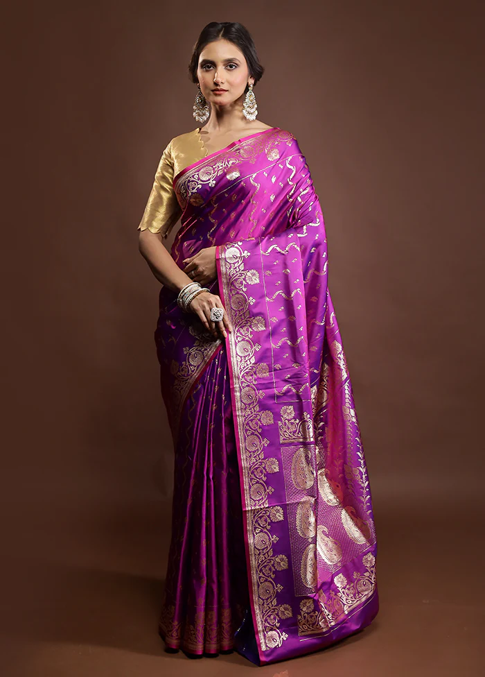 Purple Banarasi Silk Saree With Blouse Piece - Image 2