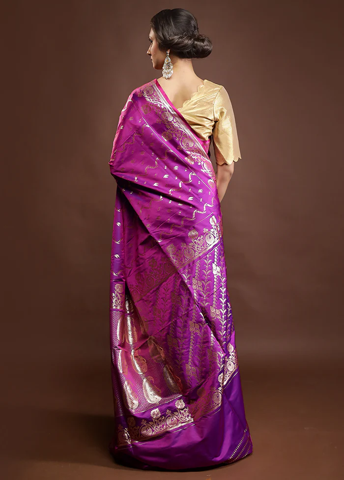 Purple Banarasi Silk Saree With Blouse Piece - Image 3