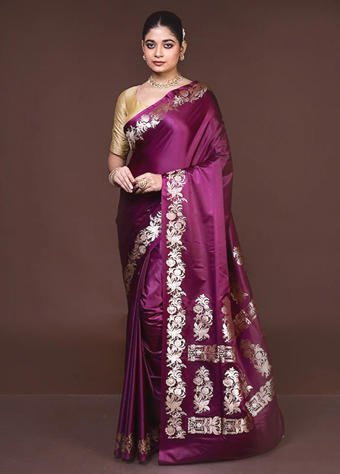 Purple Banarasi Silk Saree With Blouse Piece - Image 2