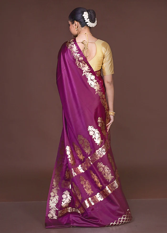 Purple Banarasi Silk Saree With Blouse Piece - Image 3