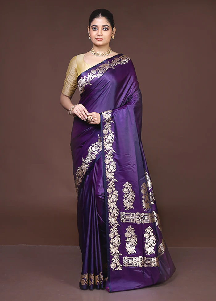 Purple Banarasi Silk Saree With Blouse Piece - Image 2