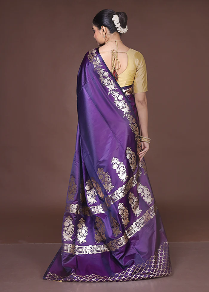 Purple Banarasi Silk Saree With Blouse Piece - Image 3