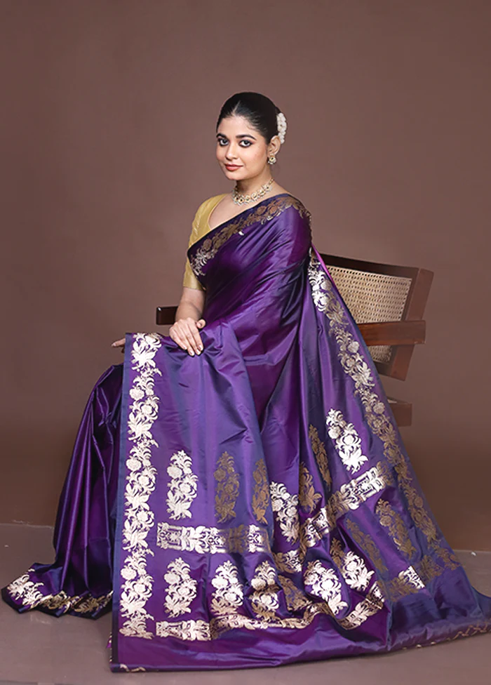 Purple Banarasi Silk Saree With Blouse Piece - Image 4