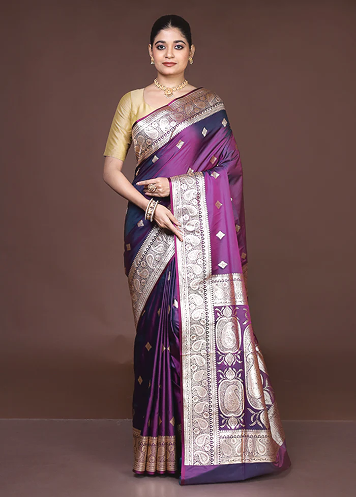 Purple Banarasi Silk Saree With Blouse Piece - Image 2
