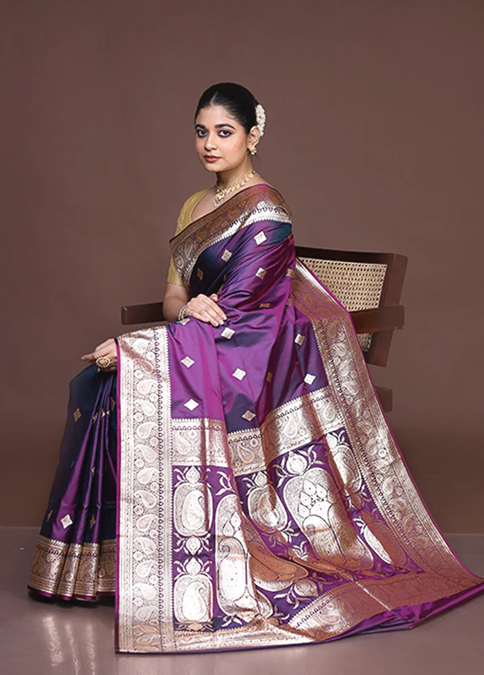 Purple Banarasi Silk Saree With Blouse Piece - Image 4