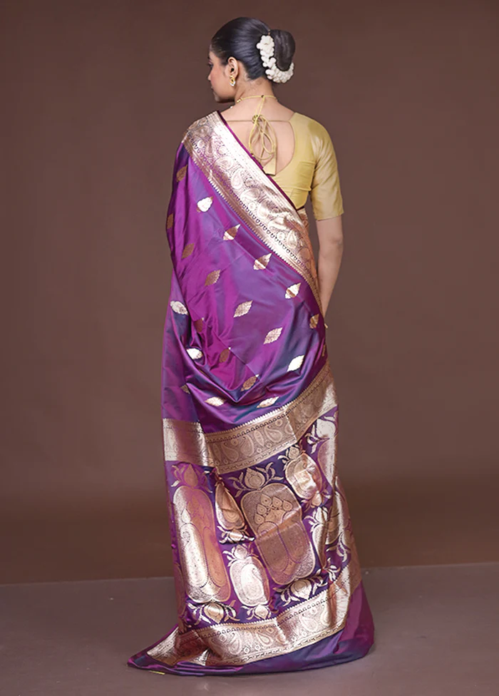 Purple Banarasi Silk Saree With Blouse Piece - Image 3