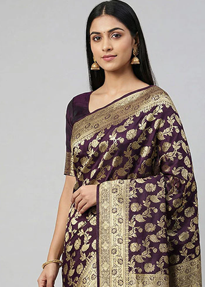 Purple Banarasi Silk Saree With Blouse Piece - Image 2