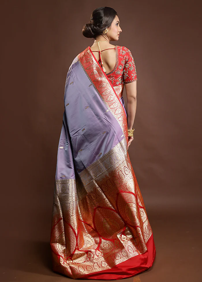 Purple Banarasi Silk Saree With Blouse Piece - Image 3