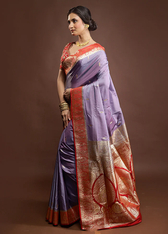 Purple Banarasi Silk Saree With Blouse Piece - Image 4