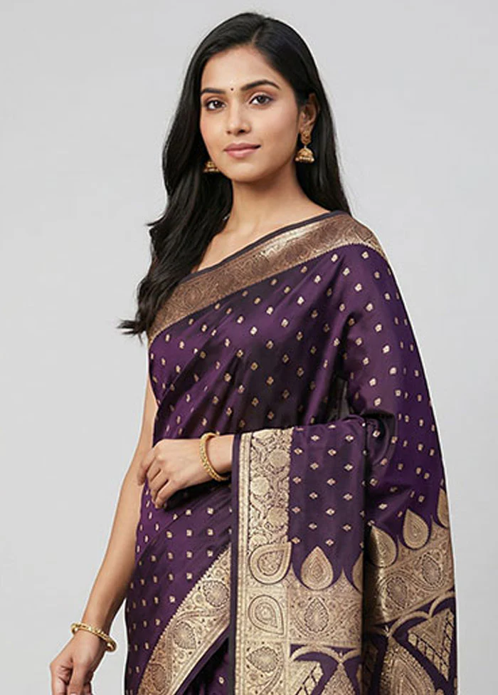 Purple Banarasi Silk Saree With Blouse Piece - Image 2