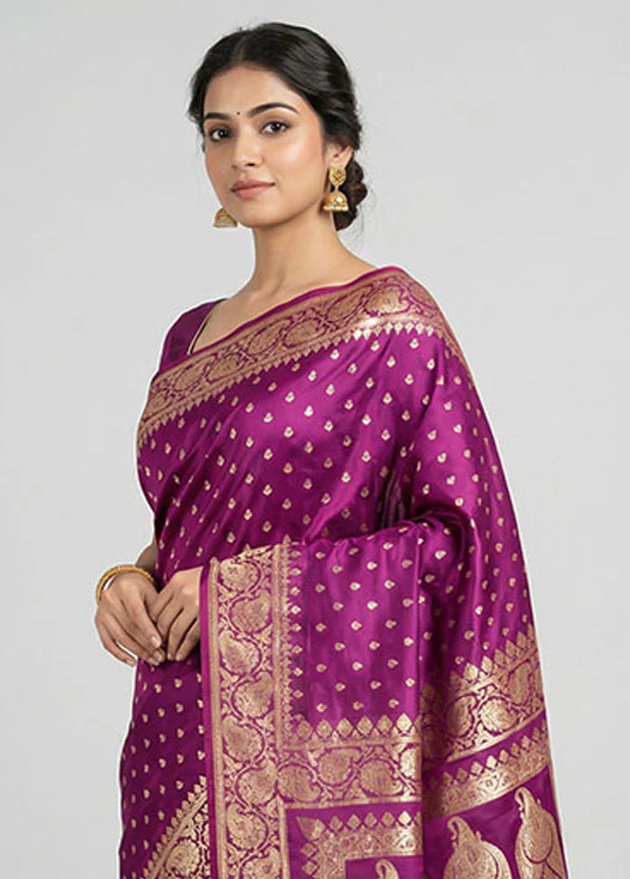 Purple Banarasi Silk Saree With Blouse Piece - Image 2