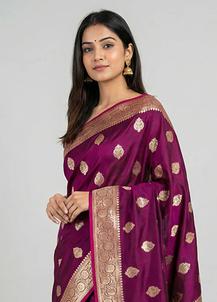 Purple Banarasi Silk Saree With Blouse Piece - Image 2