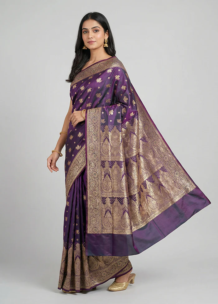 Purple Banarasi Silk Saree With Blouse Piece