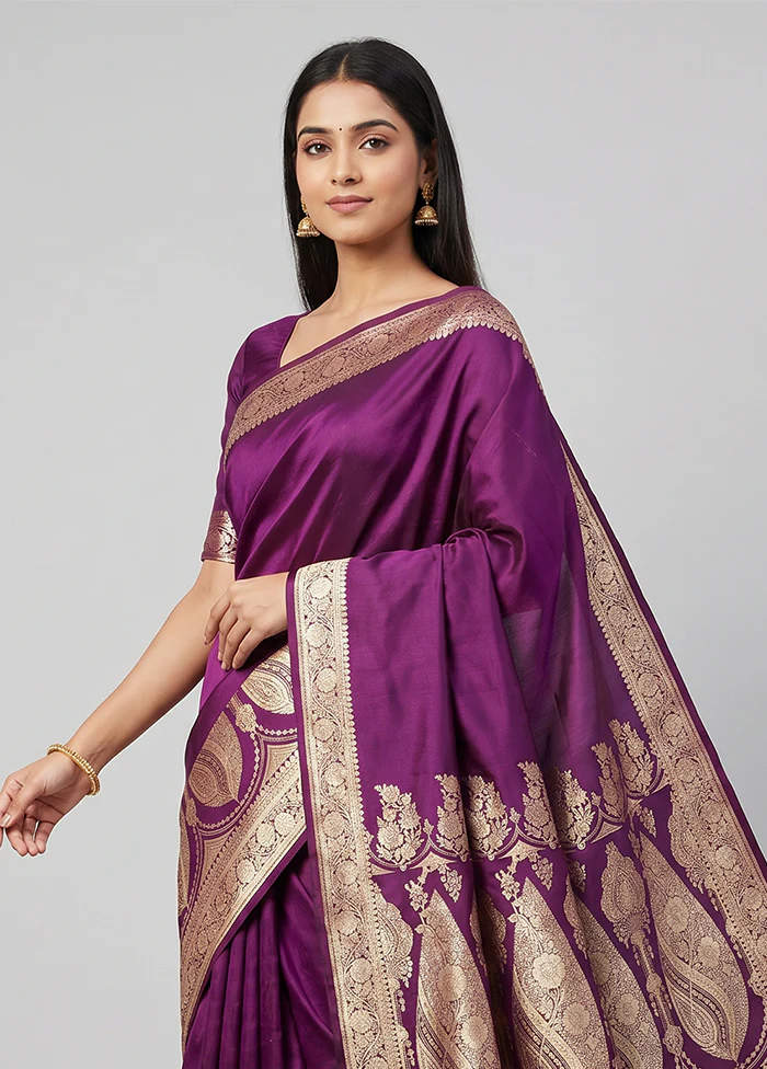 Purple Banarasi Silk Saree With Blouse Piece - Image 2