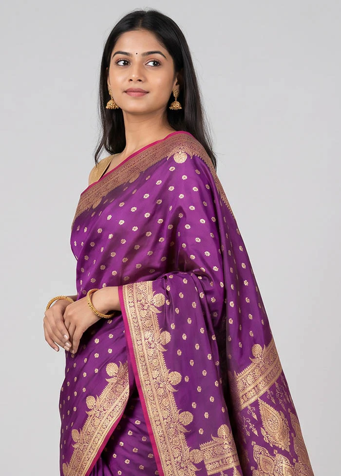 Purple Banarasi Silk Saree With Blouse Piece - Image 2
