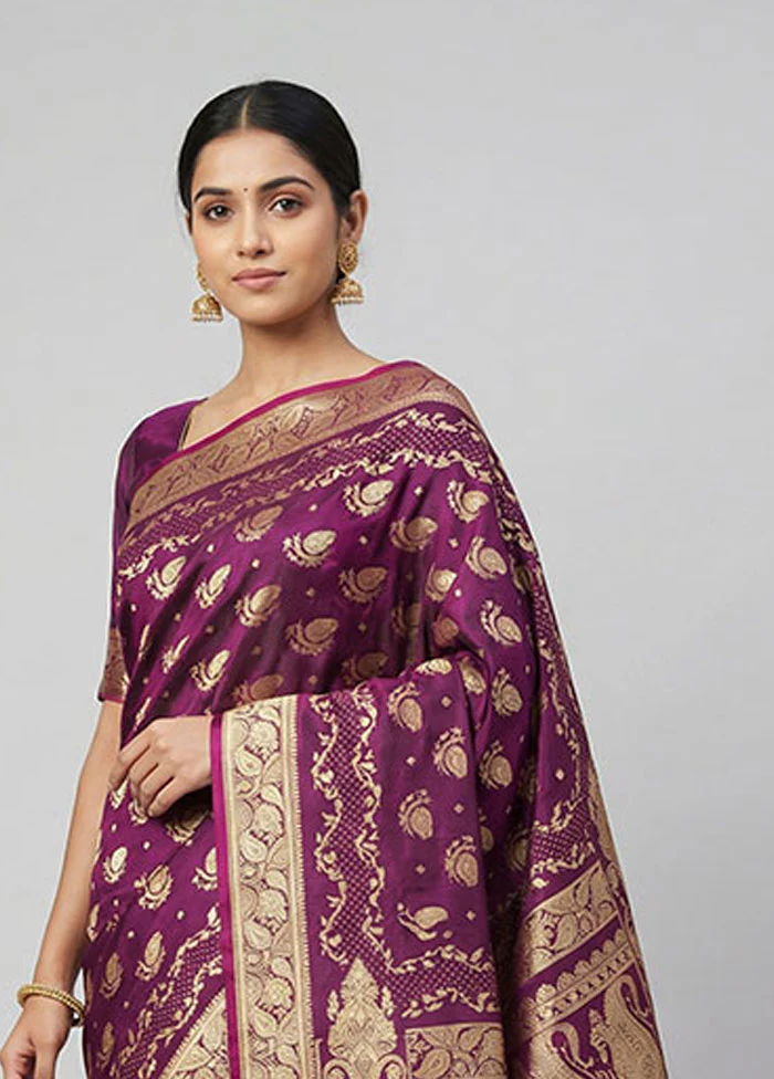 Purple Banarasi Silk Saree With Blouse Piece - Image 2