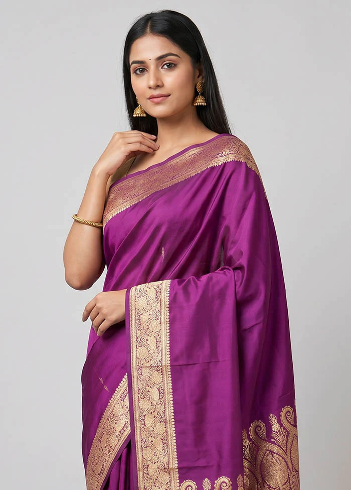 Purple Banarasi Silk Saree With Blouse Piece - Image 2