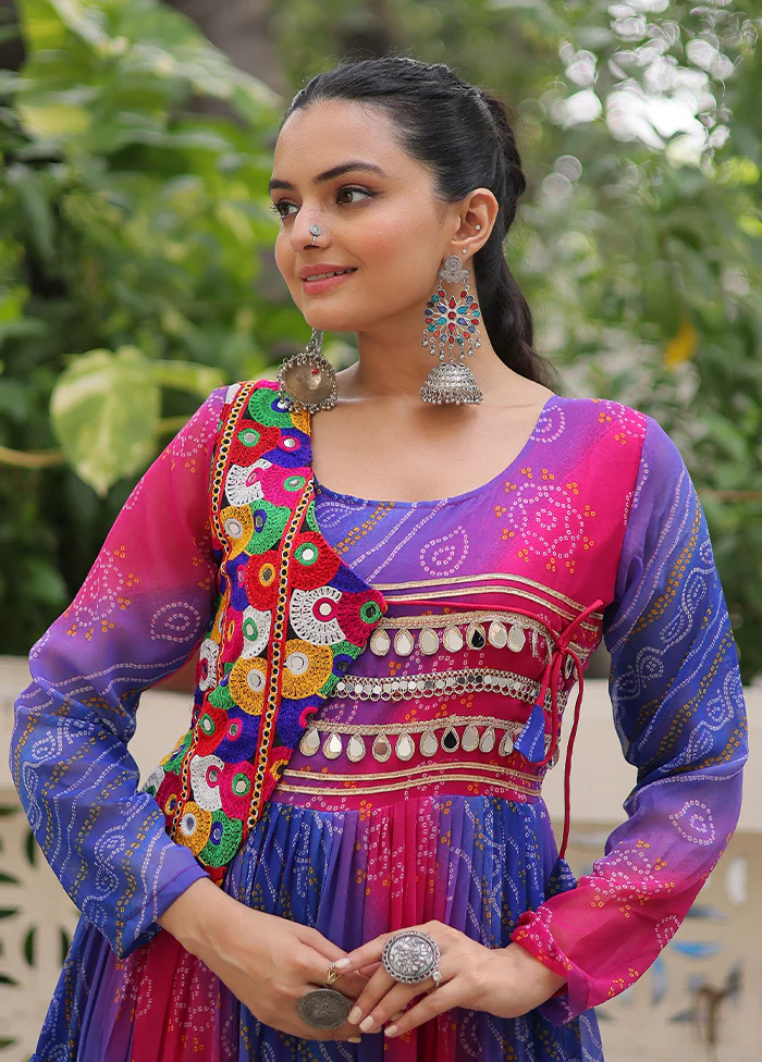 Purple Bandhani Printed Work Georgette Gown - Image 2