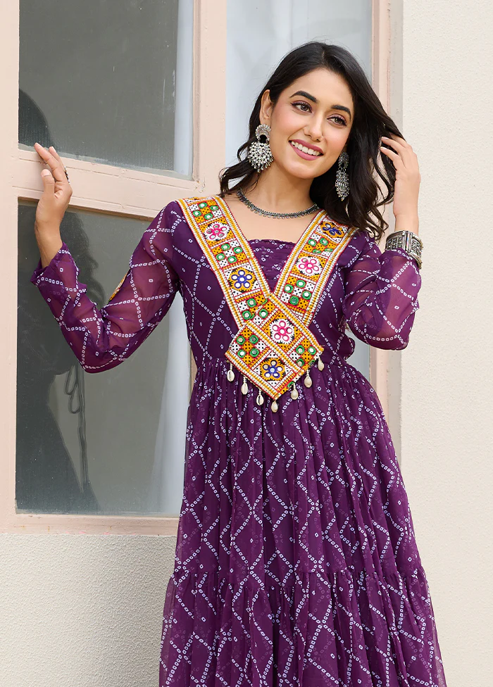 Purple Bandhani Printed Work Georgette Gown - Image 2