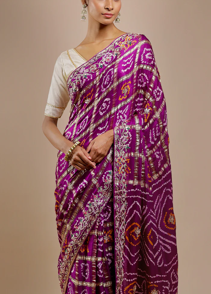 Purple Bandhej Pure Silk Saree Without Blouse Piece - Image 5