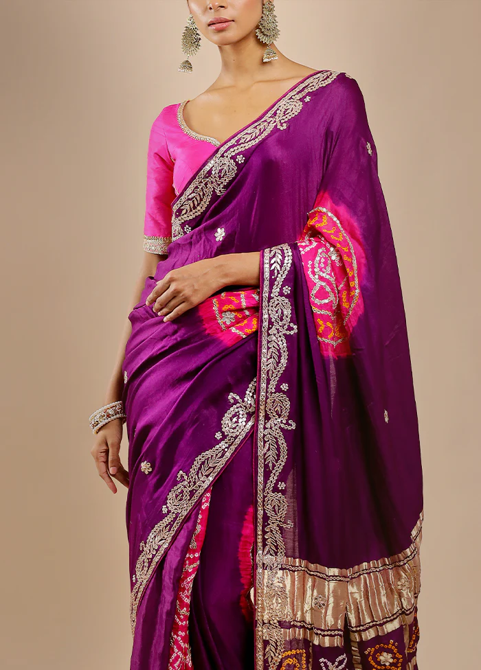 Purple Bandhej Pure Silk Saree Without Blouse Piece - Image 5