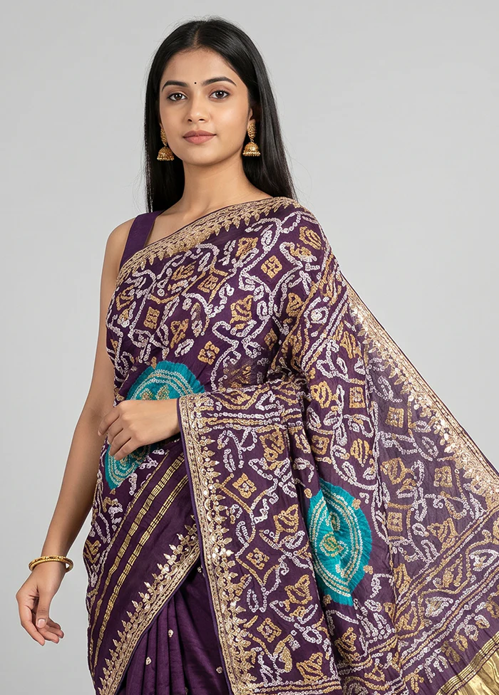 Purple Bandhej Silk Saree With Blouse Piece - Image 2