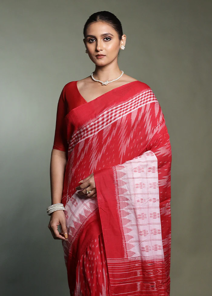 Red Bomkai Silk Saree Without Blouse Piece