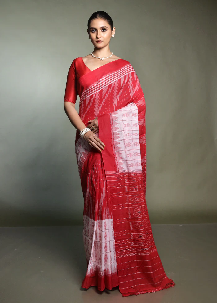 Red Bomkai Silk Saree Without Blouse Piece - Image 2