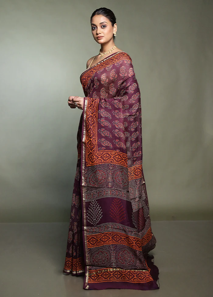 Purple Chanderi Cotton Saree With Blouse Piece - Image 4
