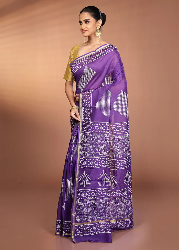 Purple Chanderi Cotton Saree With Blouse Piece - Image 4