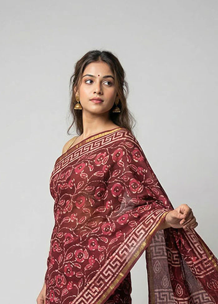 Maroon Chanderi Silk Saree With Blouse Piece - Image 2