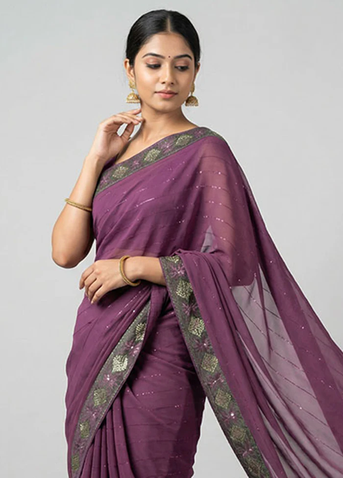 Purple Chiffon Silk Saree With Blouse Piece - Image 2