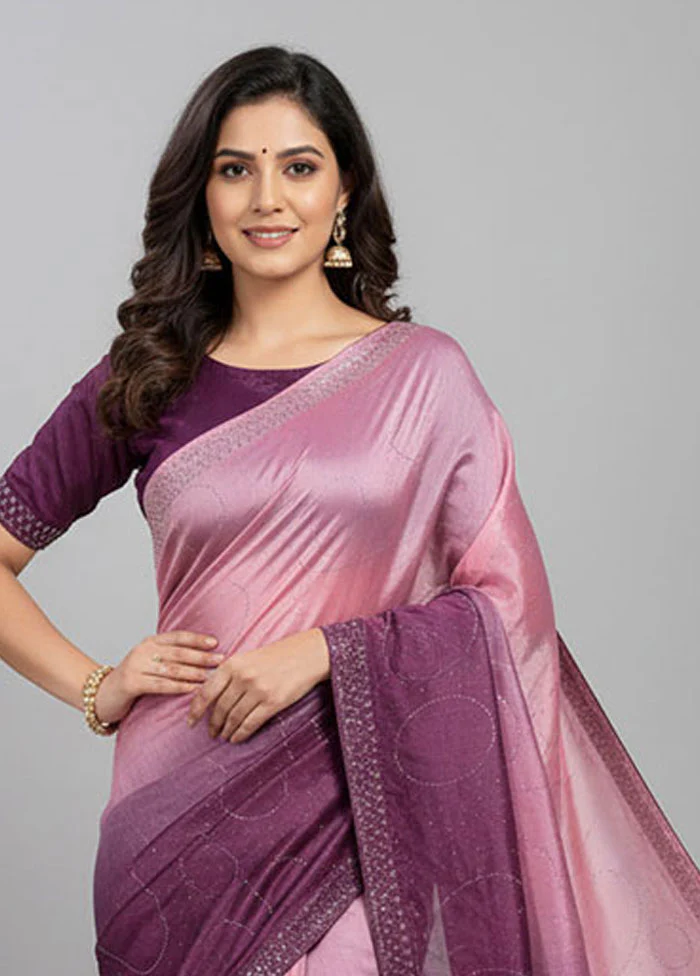 Purple Chiffon Silk Saree With Blouse Piece - Image 2