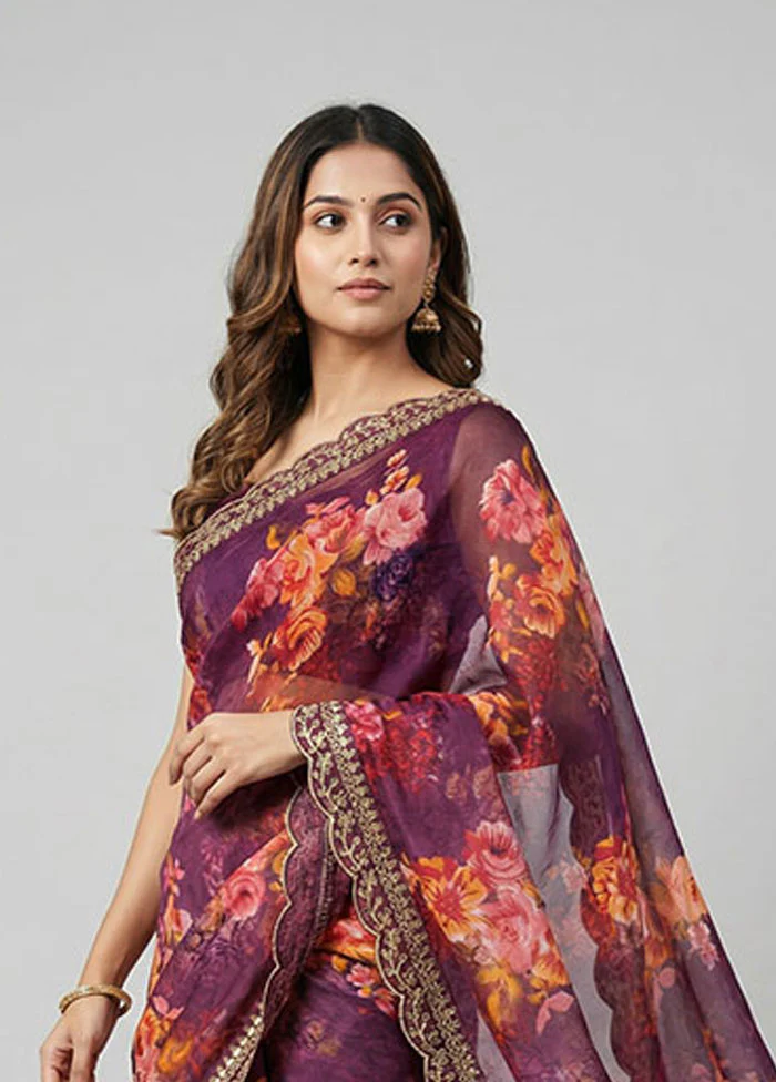 Purple Chiffon Silk Saree With Blouse Piece - Image 2