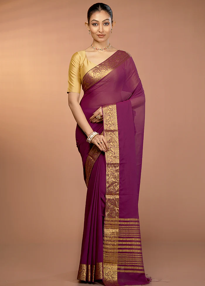 Purple Chiffon Silk Saree With Blouse Piece - Image 2