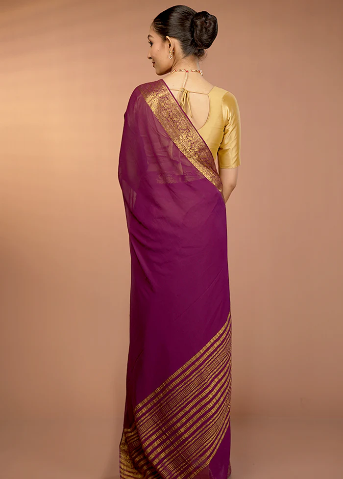Purple Chiffon Silk Saree With Blouse Piece - Image 3
