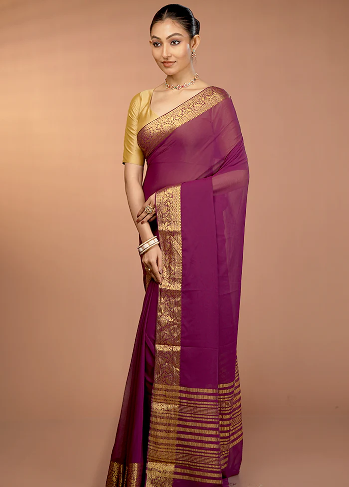 Purple Chiffon Silk Saree With Blouse Piece - Image 4