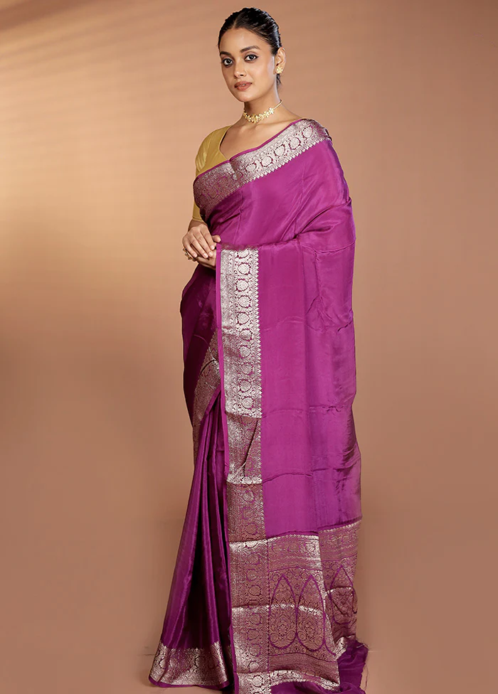 Purple Chiffon Silk Saree With Blouse Piece - Image 4